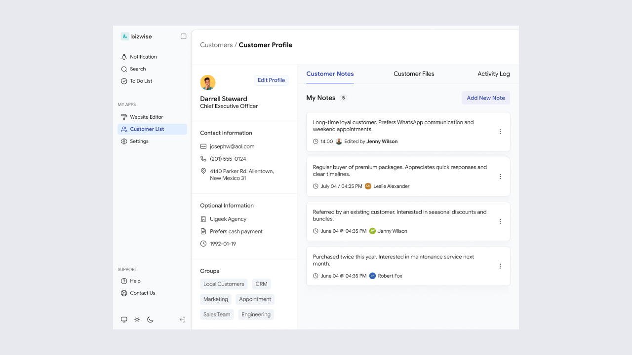 Bizwise detailed customer profile page