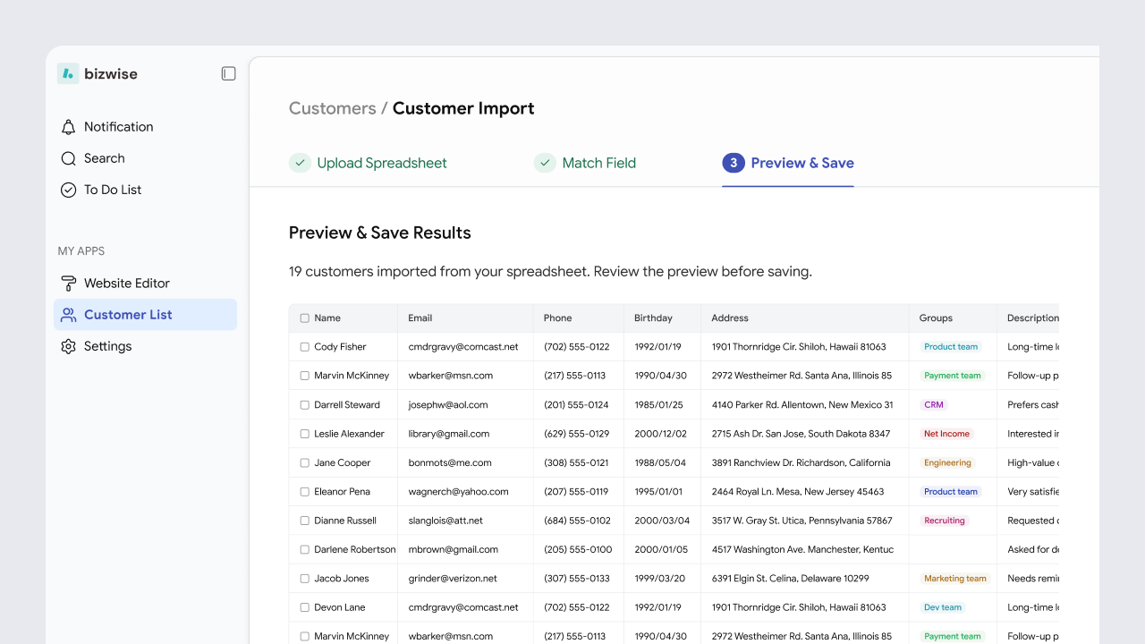 Bizwise customer import dashboard